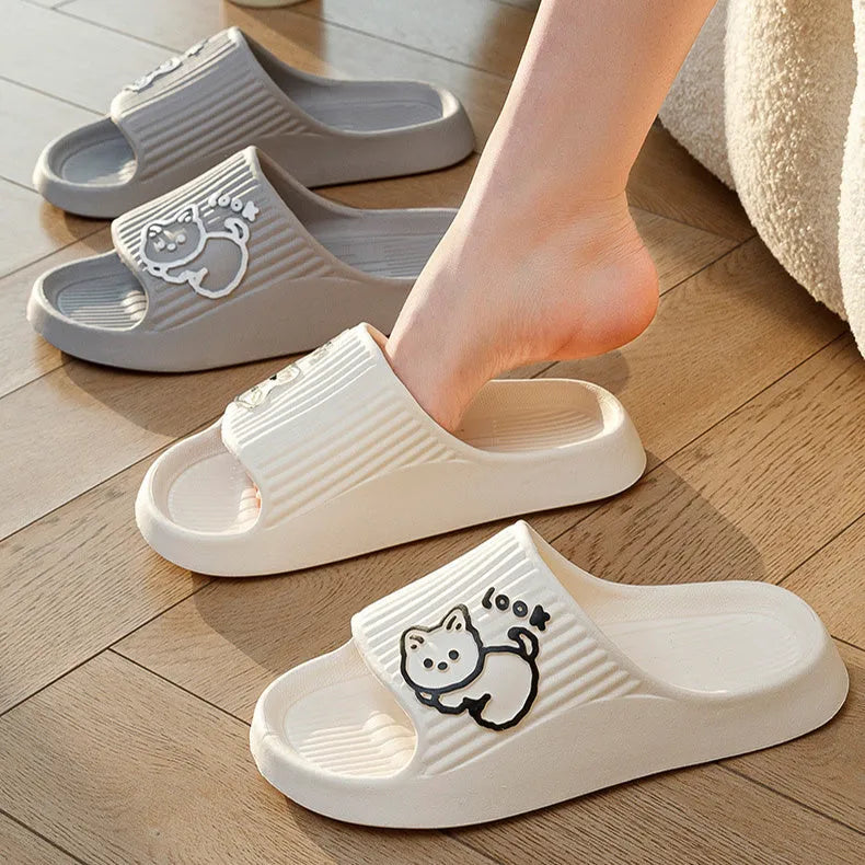 Cat-shaped thick platform EVA slippers in various colours on a non-slip sole