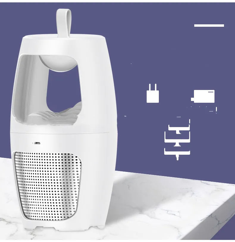 Black indoor mosquito killer lamp with USB port on white background showing dimensions 115x115x227mm