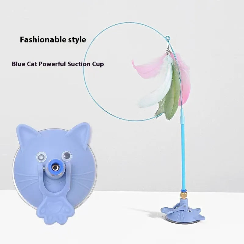 Cat teaser stick toy with suction cup base and colourful interchangeable head attachments