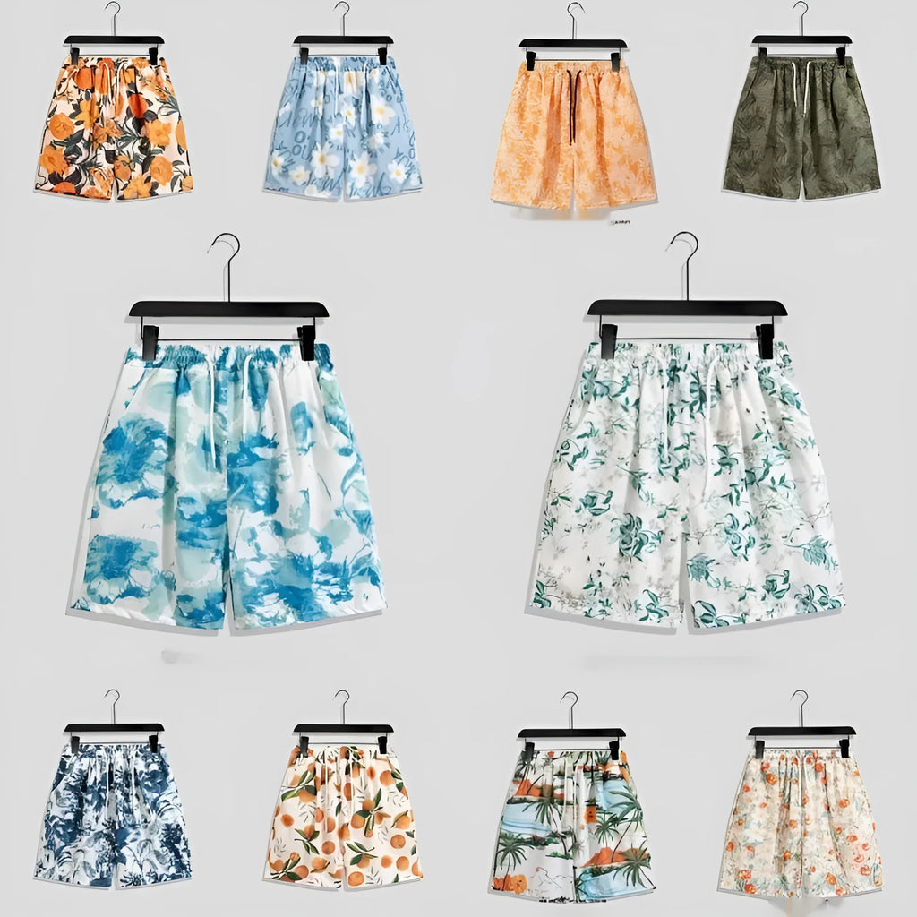 Men's casual printed quick-drying shorts with geometric pattern, drawstring waist, in various colours – polyester blend beach shorts.