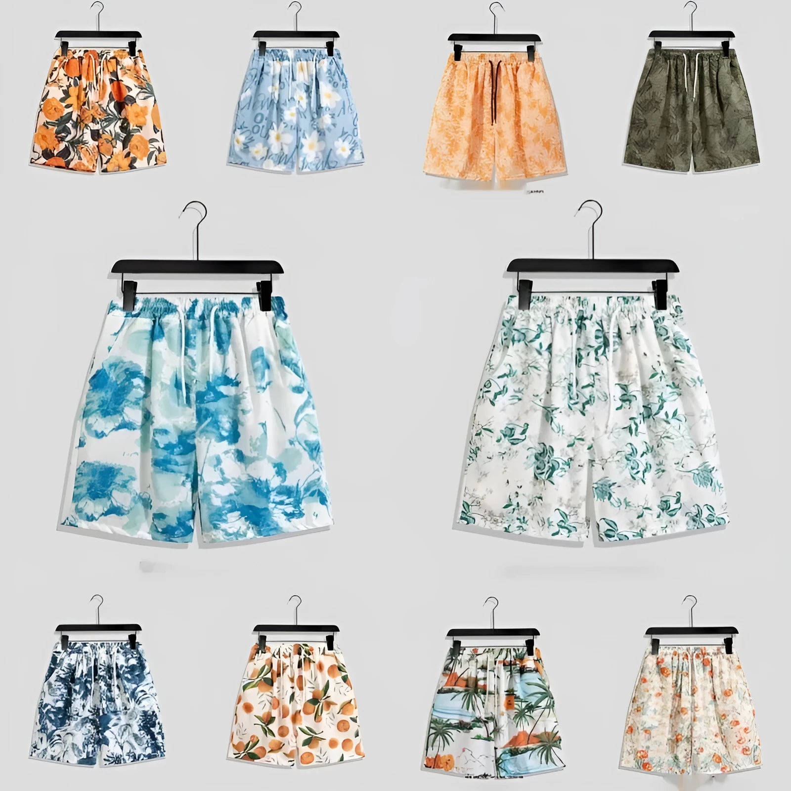 Men's casual printed quick-drying shorts with geometric pattern, drawstring waist, in various colours – polyester blend beach shorts.