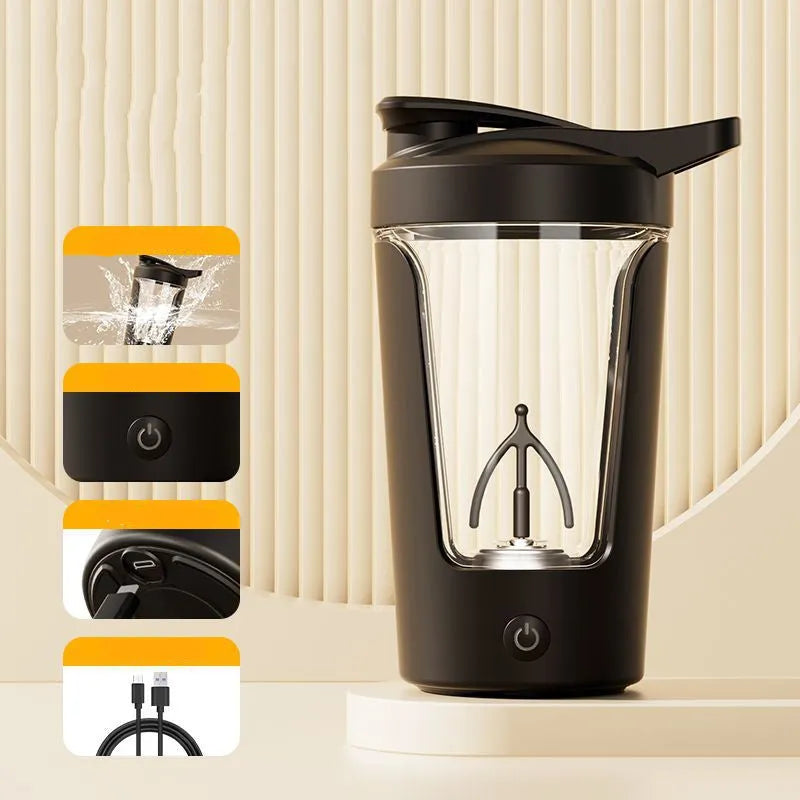 Black electric protein shaker bottle with 400ml capacity and automatic mixing motor