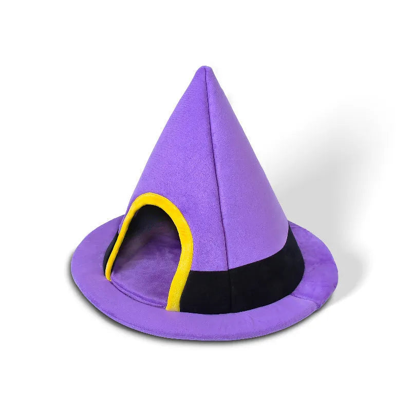 Purple cloth Halloween witch hat shaped cat nest bed measuring 60 by 45 centimetres.