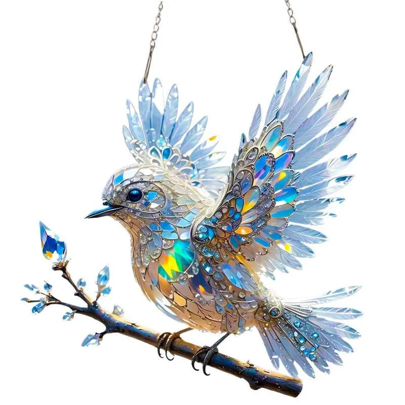 Cartoon style bird design printed on a square acrylic pendant ornament for wall decoration.