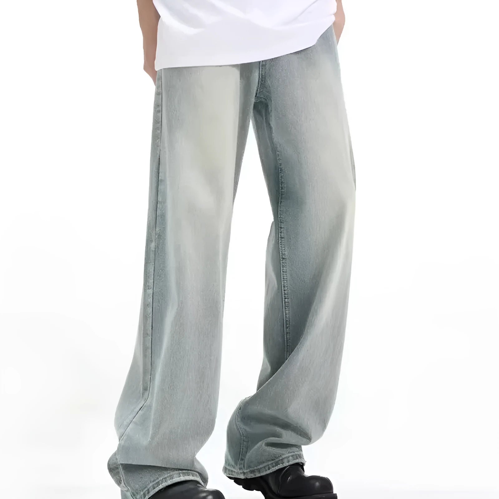 Blue retro loose casual trousers made from rabbit fur fabric with high elasticity