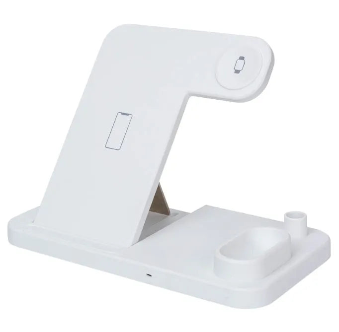 Black 4-in-1 wireless charging dock showing phone on adjustable stand, Apple Watch, AirPods, and Apple Pencil charging simultaneously.