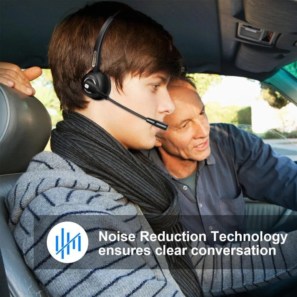 Bluetooth headset with microphone for truck drivers featuring noise-cancelling technology and USB charging cable