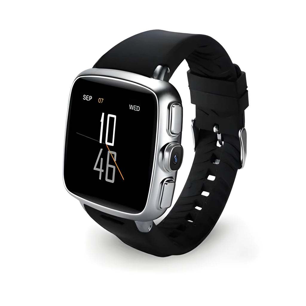 Z01 smart watch in black on a wrist, showing its 1.54-inch touch screen and camera.