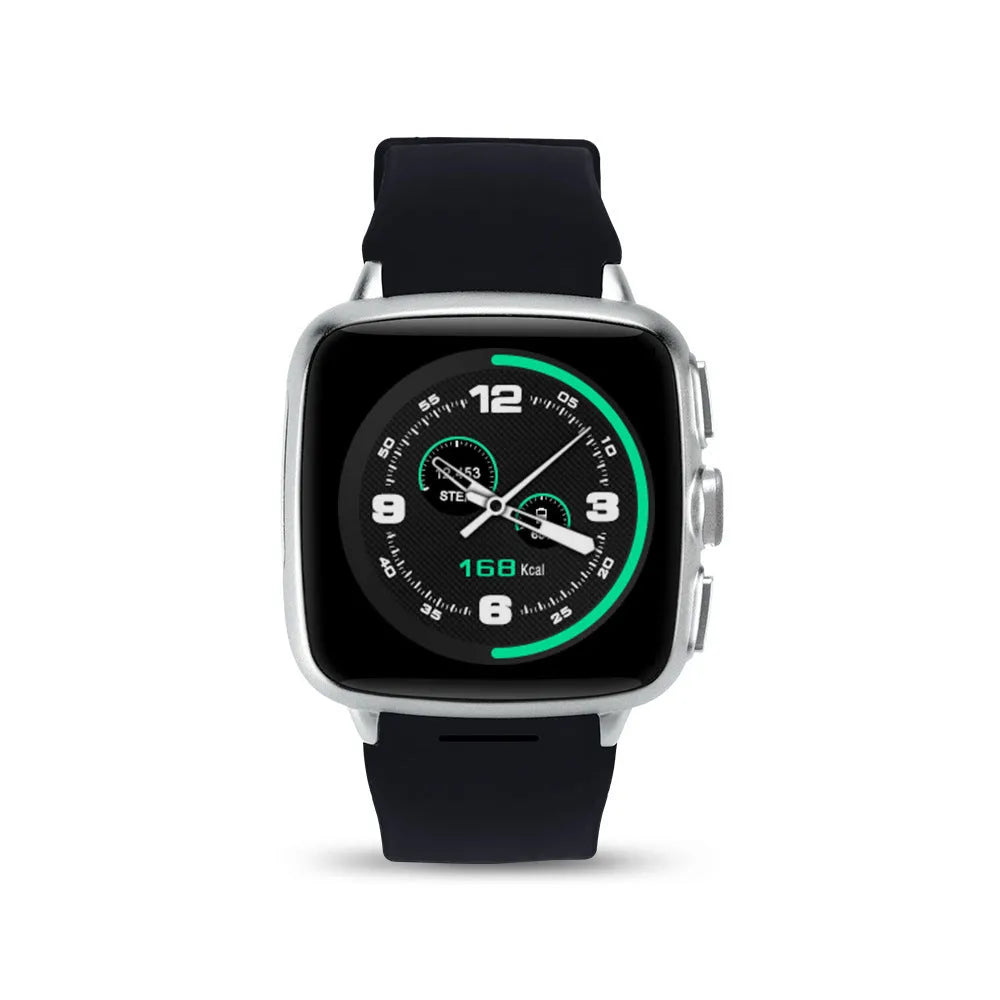 Z01 smart watch in black on a wrist, showing its 1.54-inch touch screen and camera.