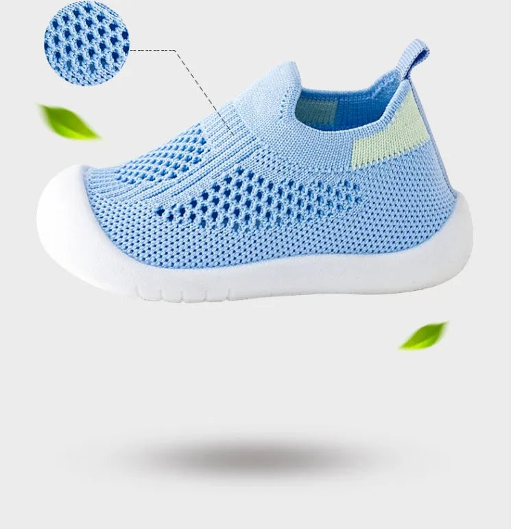 Baby soft sole non-slip walking shoes in breathable fly woven cotton cloth with natural rubber sole, multiple colours