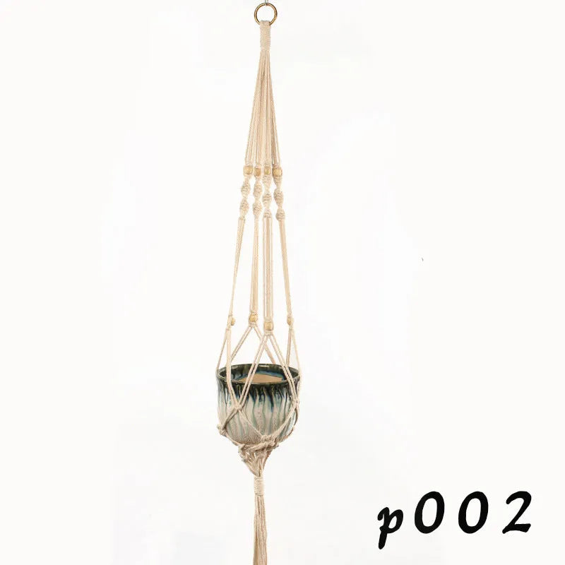 Woven cotton rope macrame plant hanger in a village style, shown as a desktop and wall-mounted planter.