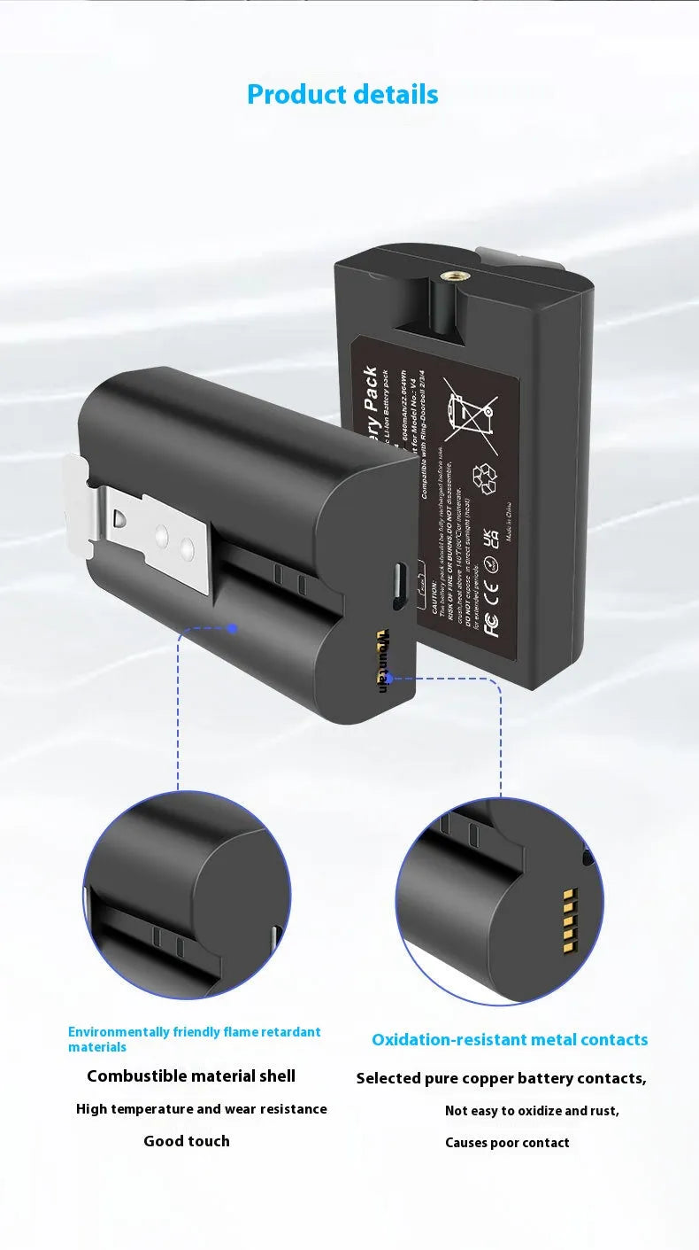 Black rechargeable lithium V4 doorbell battery 6040mAh 3.65V 75x45x50mm for SM002 video doorbell