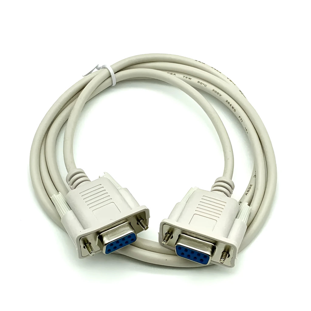 DB9 female to female RS232 serial port cable, 1.5 metres long, milky white colour.
