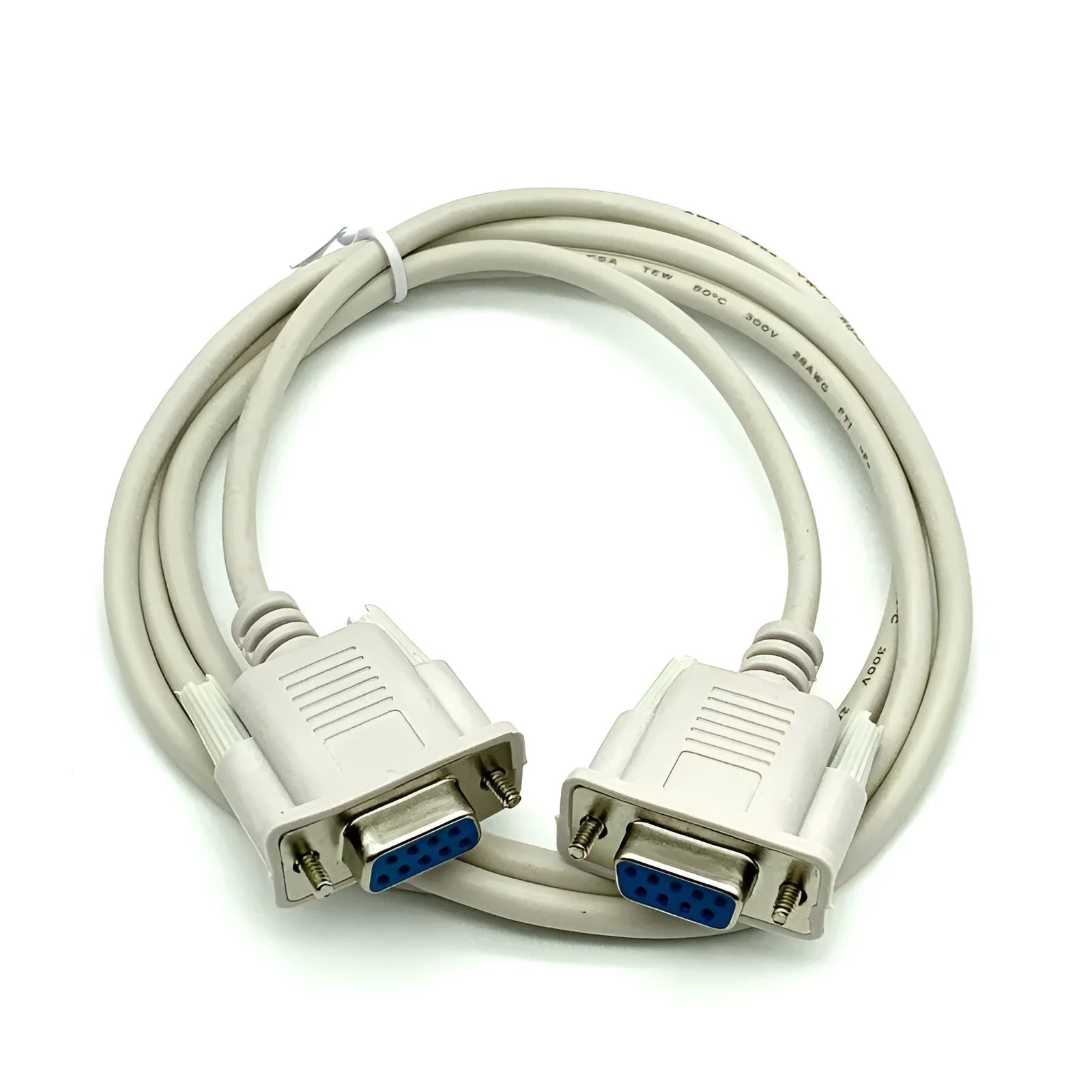 DB9 female to female RS232 serial port cable, 1.5 metres long, milky white colour.