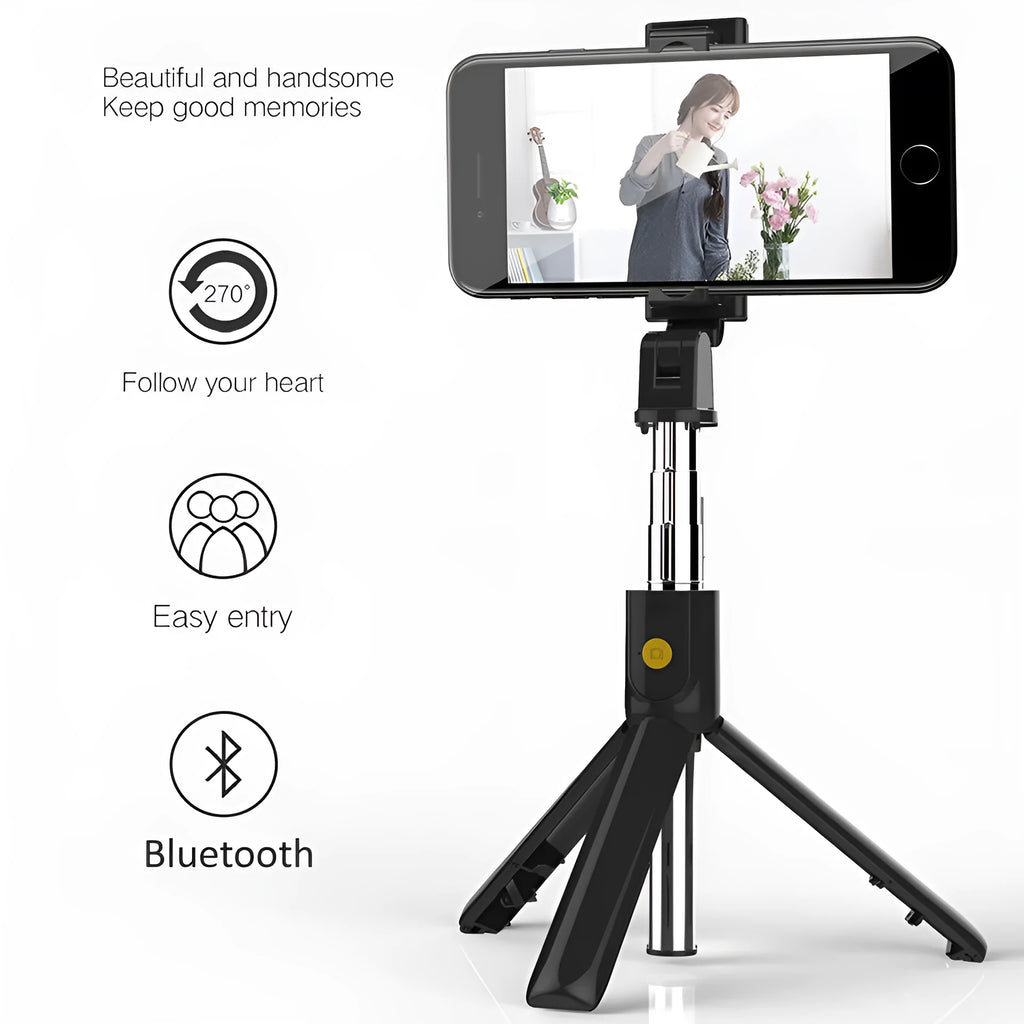 Bluetooth selfie stick tripod folded and extended on white background, black colour, plastic construction