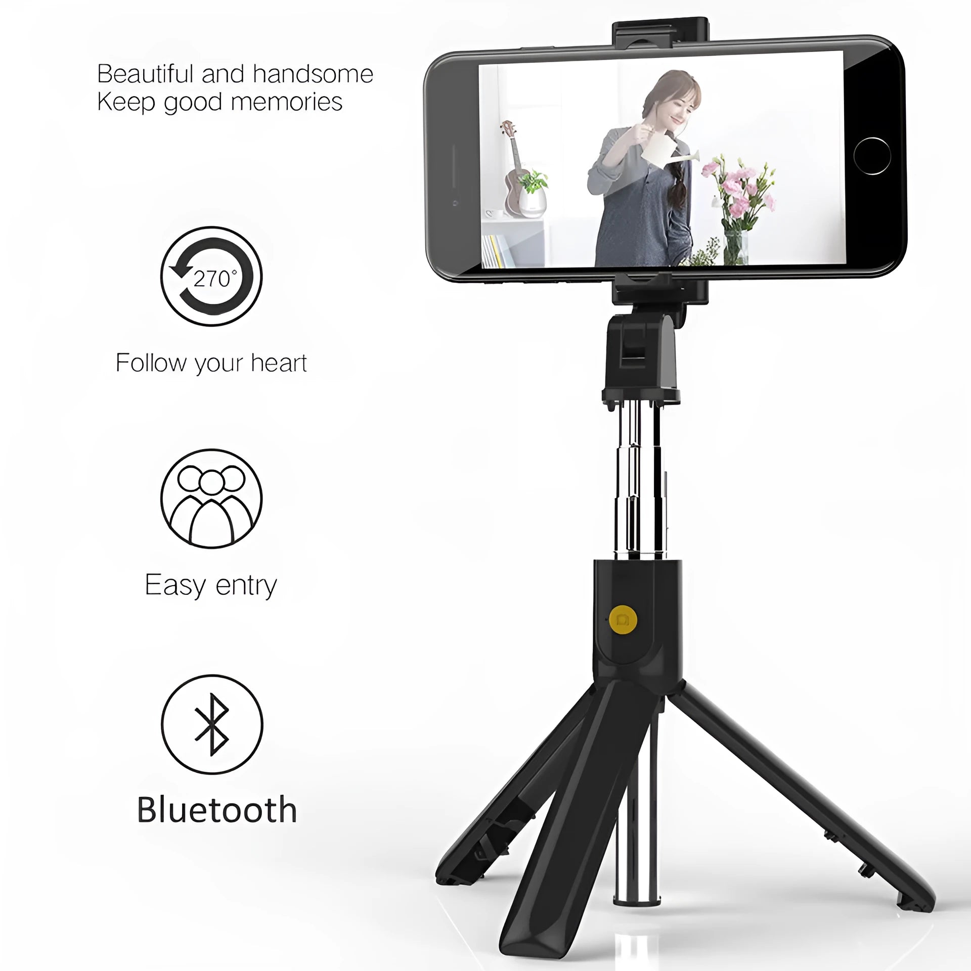 Bluetooth selfie stick tripod folded and extended on white background, black colour, plastic construction