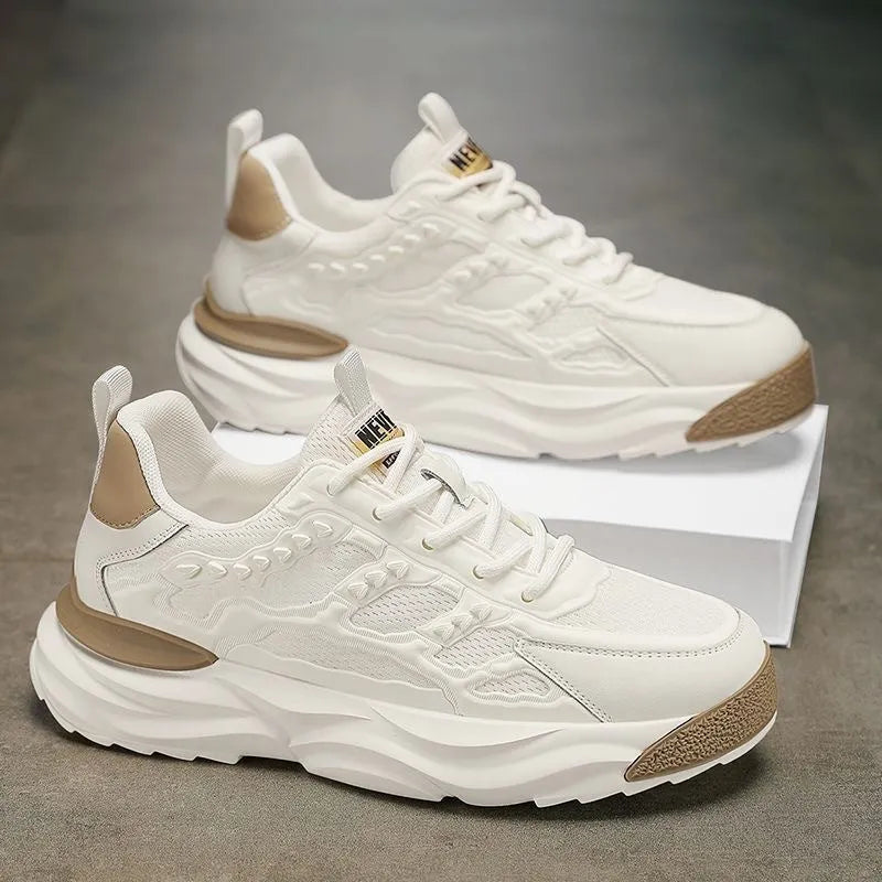 Men's white and black breathable mesh shoes with round toe design and PU construction