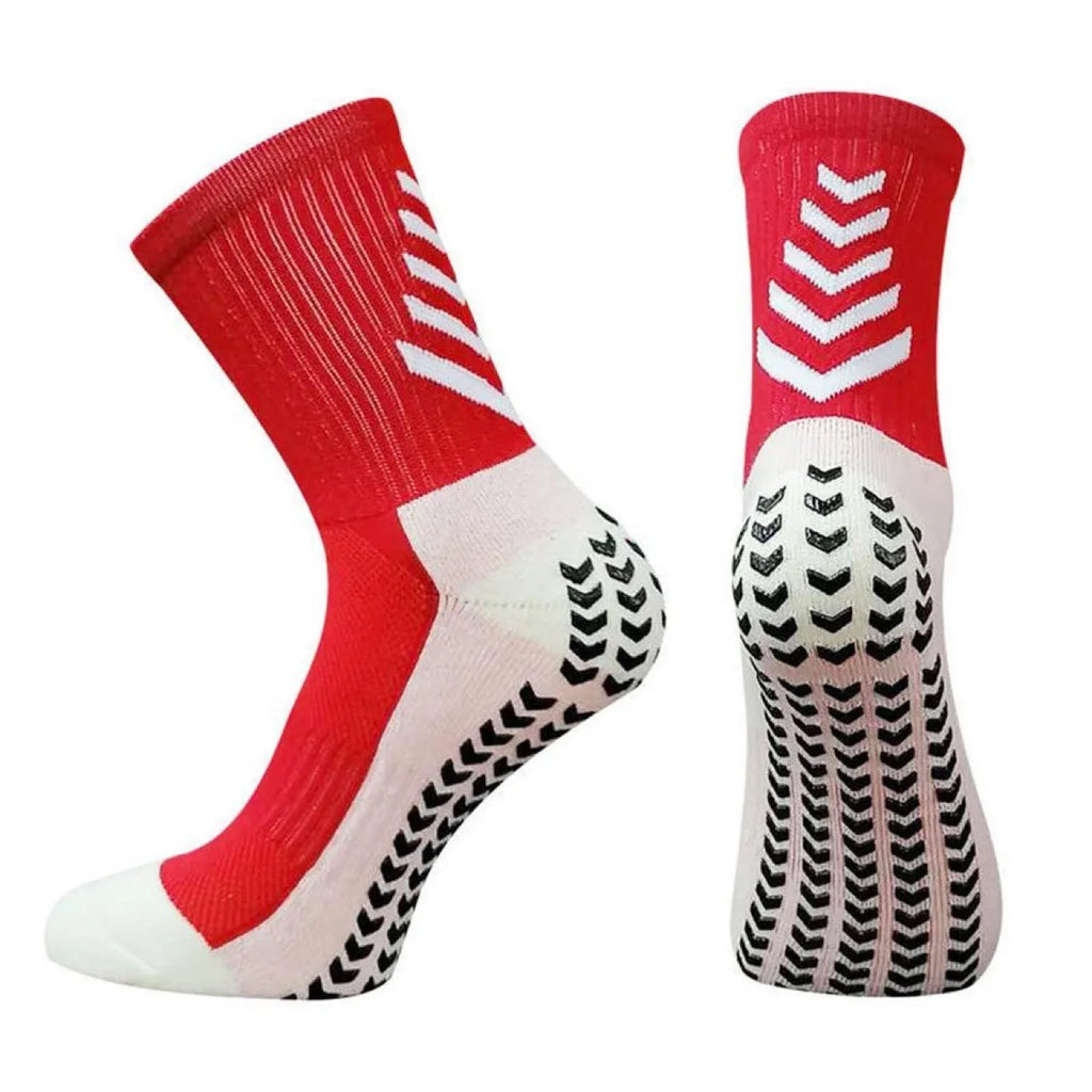 Men's colourful mid-calf athletic socks with a geometric pattern and non-slip silicone soles.