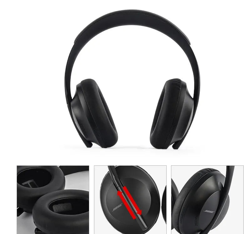 Wireless noise reduction bluetooth headset in Black with cushioned ear pads and adjustable headband