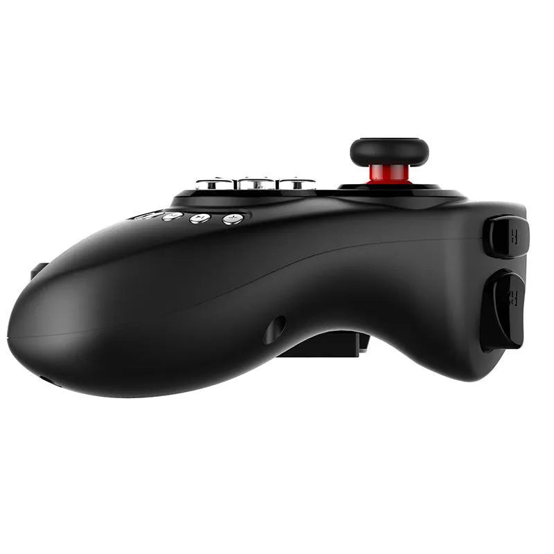 Wireless telescopic game controller extended to hold a mobile phone, showing USB port and buttons.