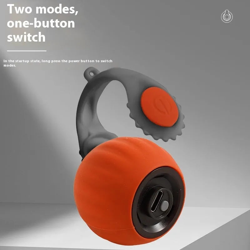 Automatic rolling cat toy ball in silicone with blue or orange colour options and gun grip handle