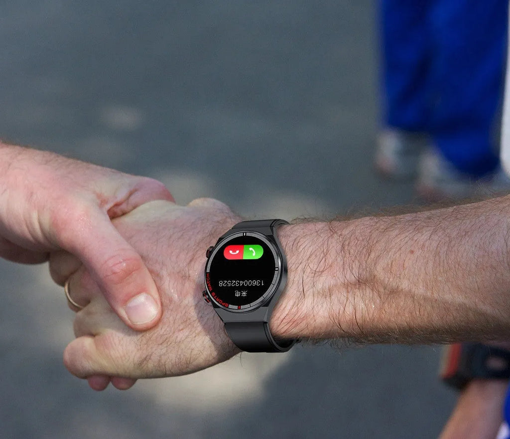 Smartwatch with rotary key, leather strap, and a 1.3-inch display showing call interface.