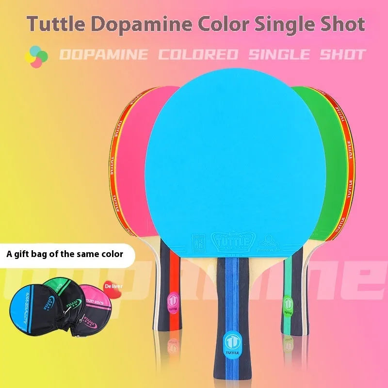 Colourful wood table tennis racket with shakehand grip and matching protective racket bag.