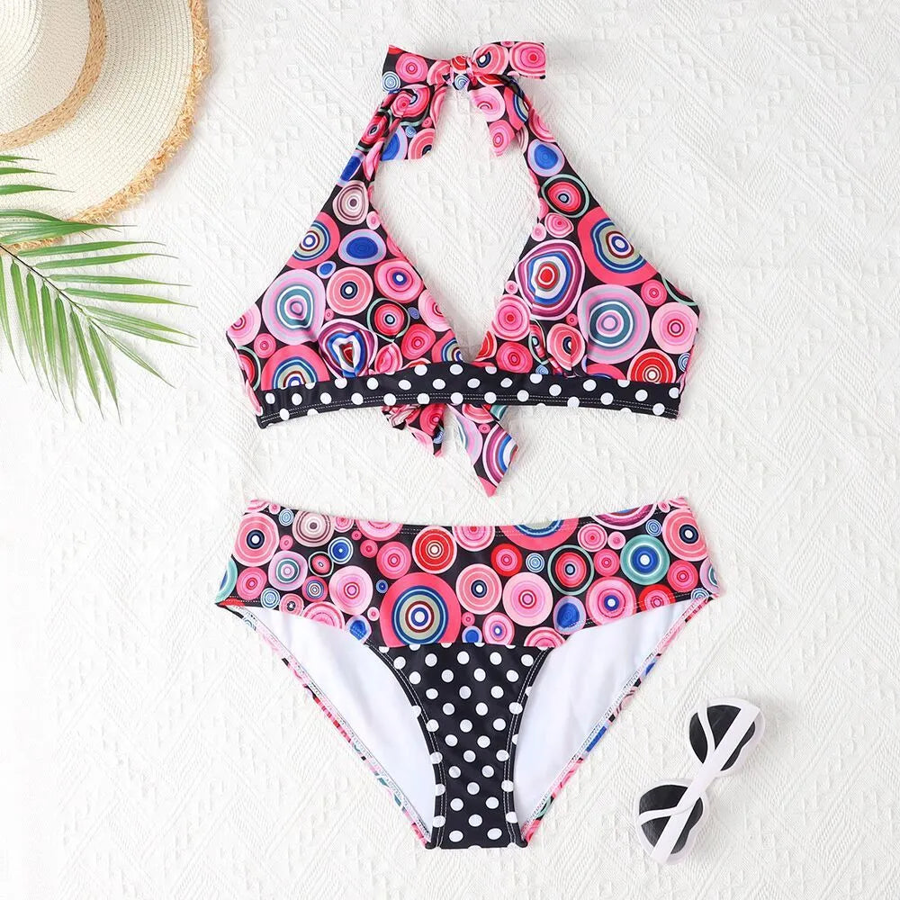 Women's printed high waist split bikini suit with floral pattern in two colours