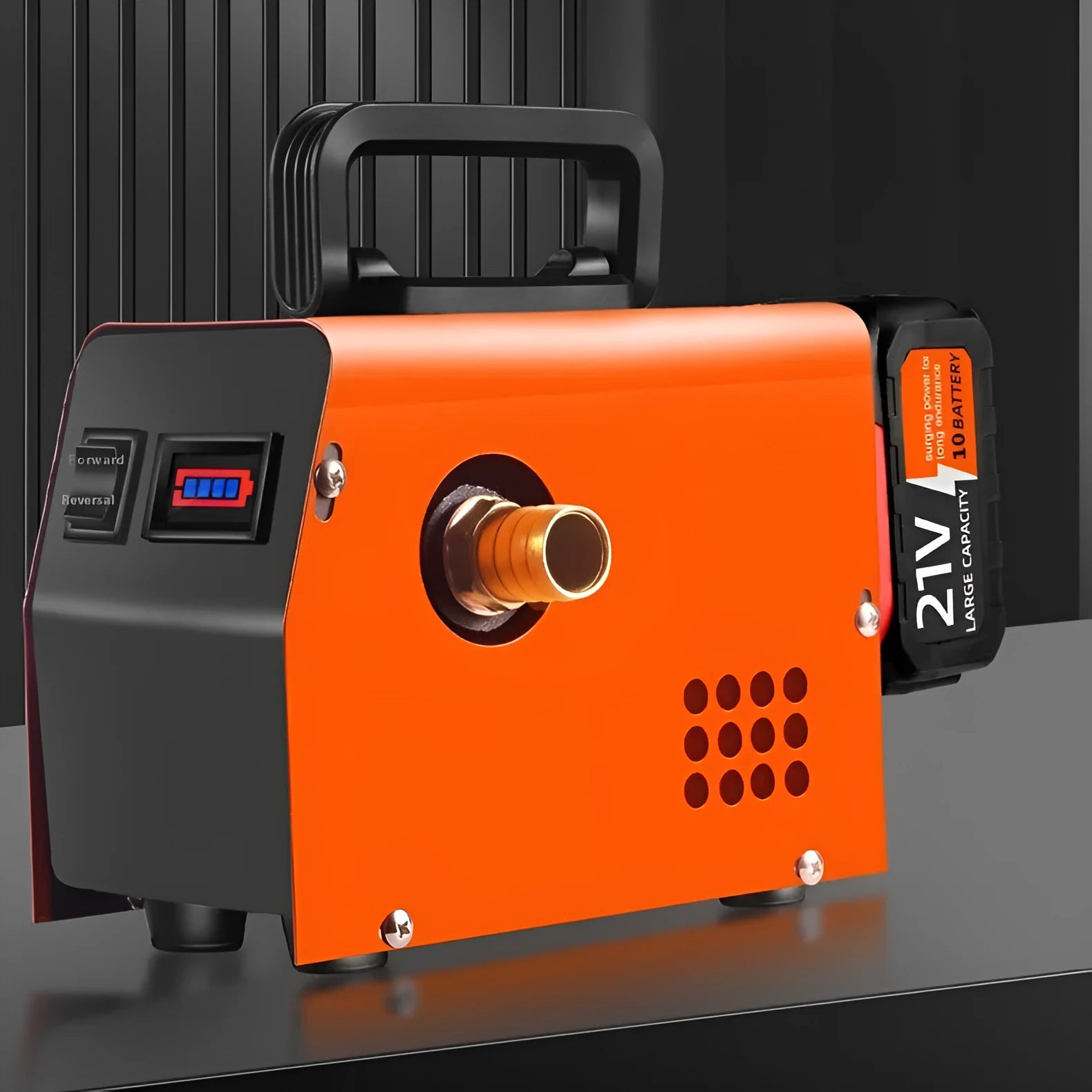 Aluminium alloy small portable rechargeable oil well pump with lithium battery and accessories on a workbench