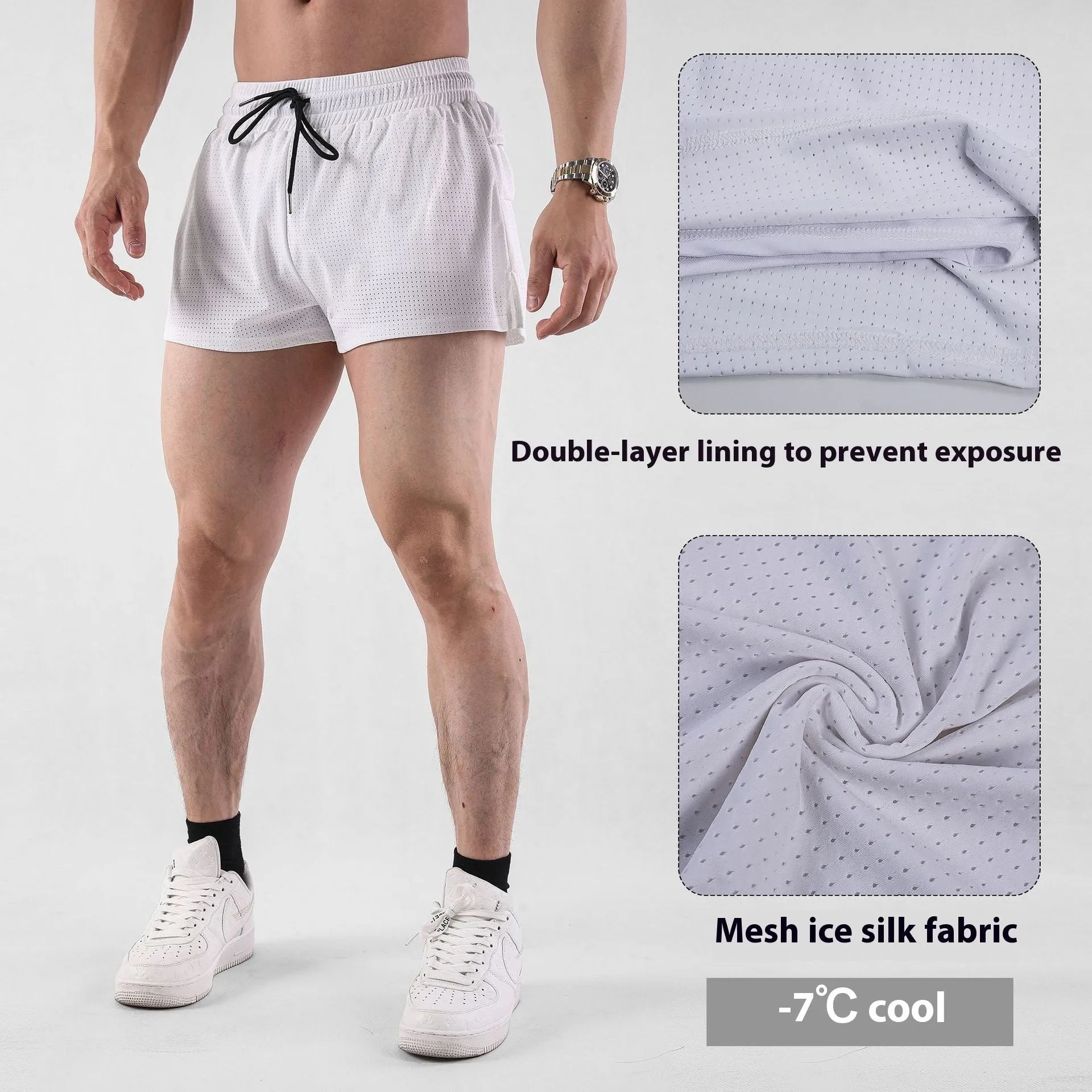 Man wearing black quick-dry nylon summer shorts on a light background