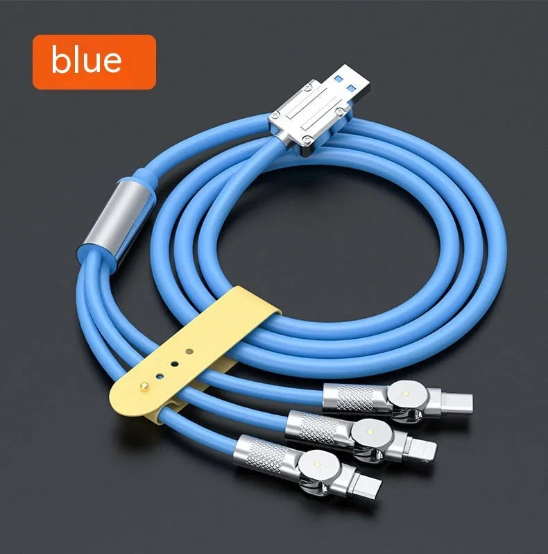 Zinc alloy rotating three-in-one data cable with light and elbow USB design, orange colour, on a white background
