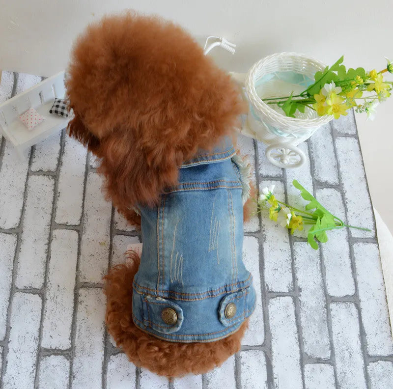 Retro scratch pattern denim dog vest in dark and light wash colours on a mannequin, showing vest style.