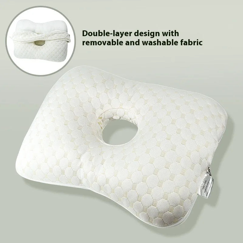 Beauty salon single hole ear pillow for adults in grey plaid pattern, showing dimensions.