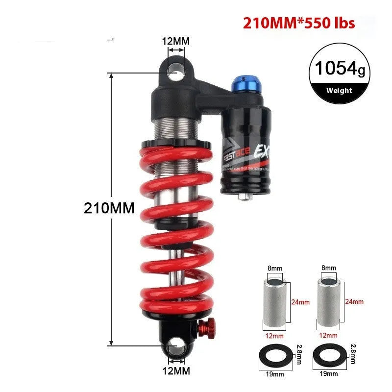 Aluminium mountain bicycle shock absorber with adjustment dials in red or black.