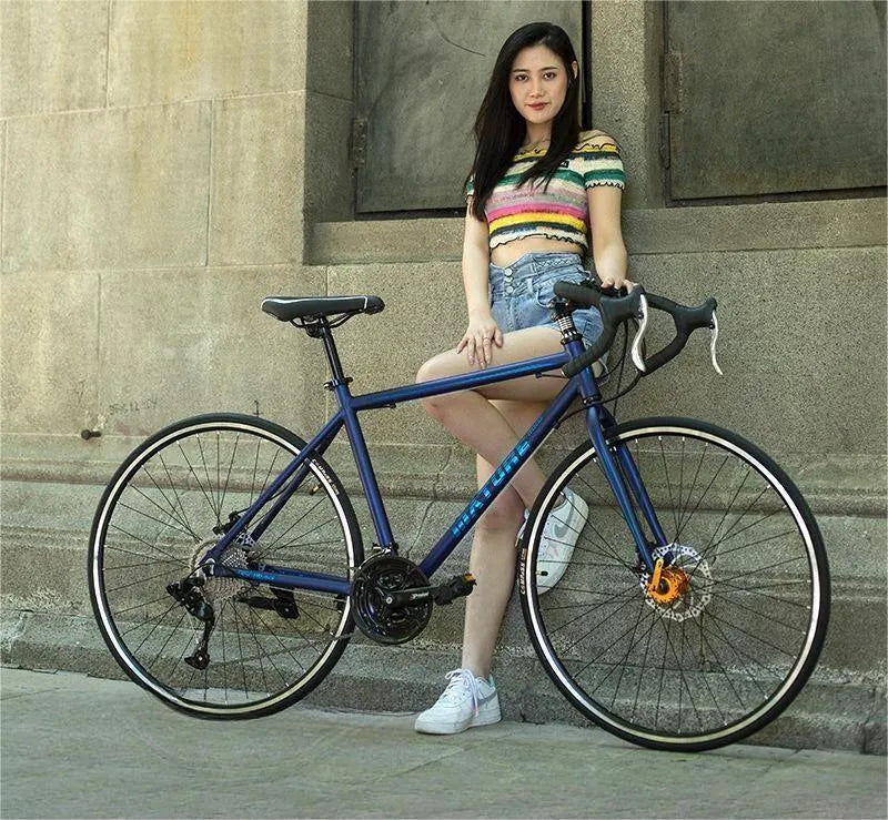 Aluminium alloy road bike with flat handlebar, 48cm frame, matted blue colour