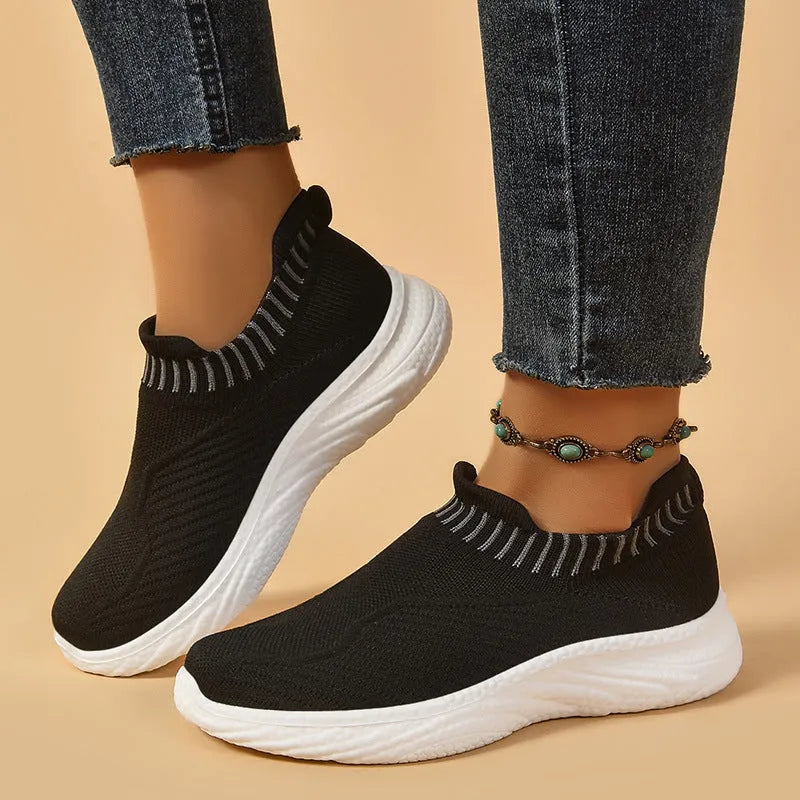 Striped flat sneakers women lightweight breathable sock flats slip on shoes black colour