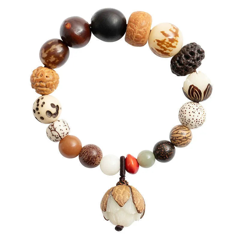 Traditional bodhi seed bracelet with 18 seeds in geometric pattern for unisex wear