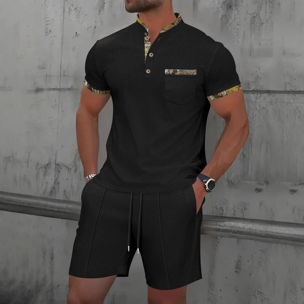Man wearing a grey waffle-texture zip-up polo top and matching shorts, a summer two-piece suit set.