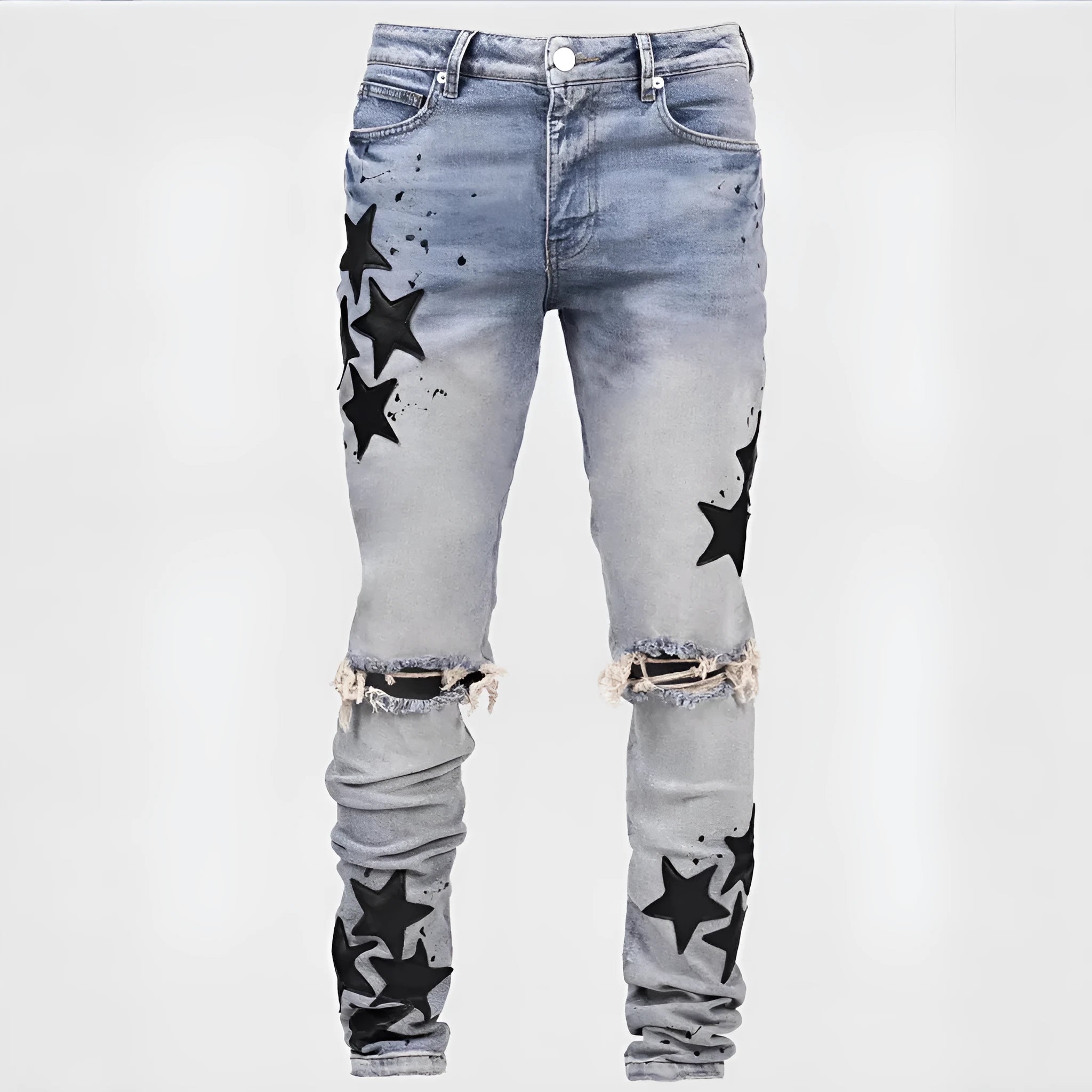 Men's slim stretch jeans in blue, grey, and light blue colours with embroidery detail