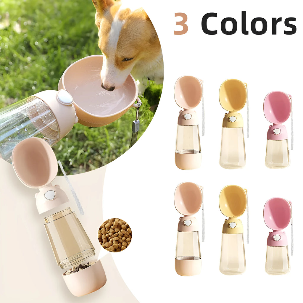 Portable dog water bottle and feeder bowl for outdoor travel in yellow, pink, or brown.