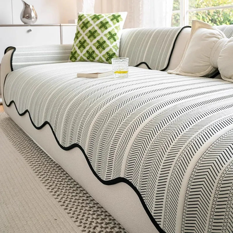 Ice Silk special-shaped straight row mat sofa cover with fixed non-slip cushions in Jelly Green.