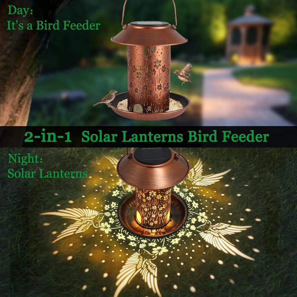 Solar-powered outdoor lamp and bird feeder with hummingbird pattern in iron art.