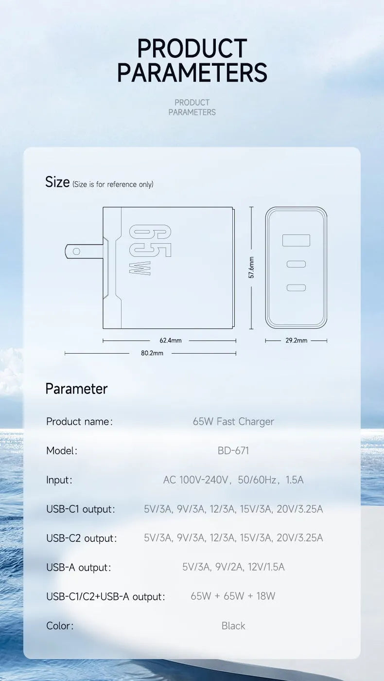 65W gallium nitride GaN multi-port charger in black with two USB-C and one USB-A output ports