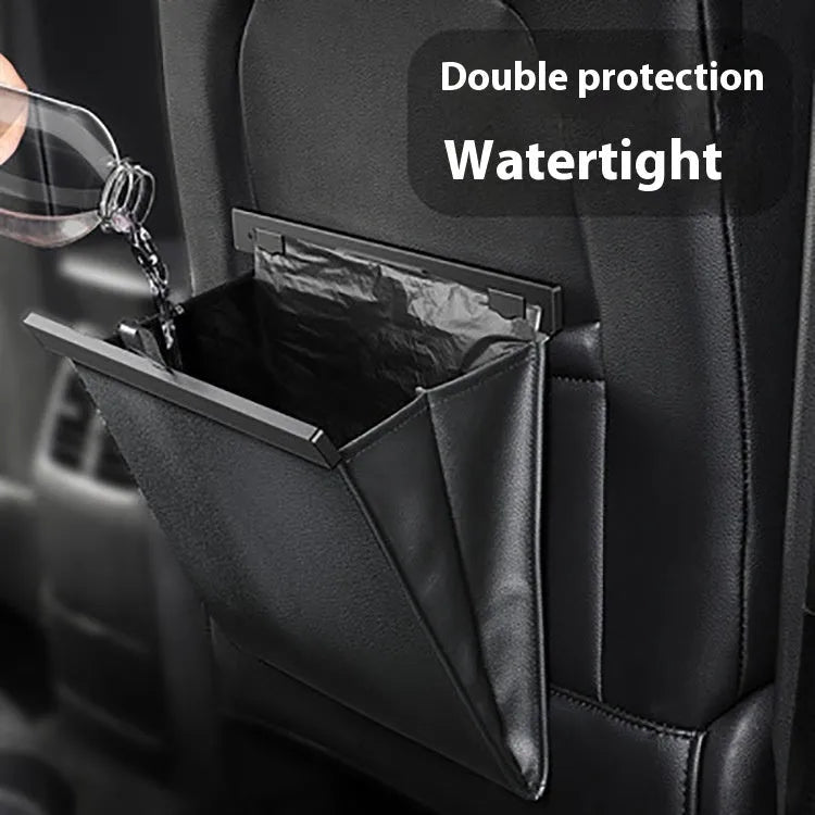 Leather waterproof car garbage bag hanging with foldable design in black