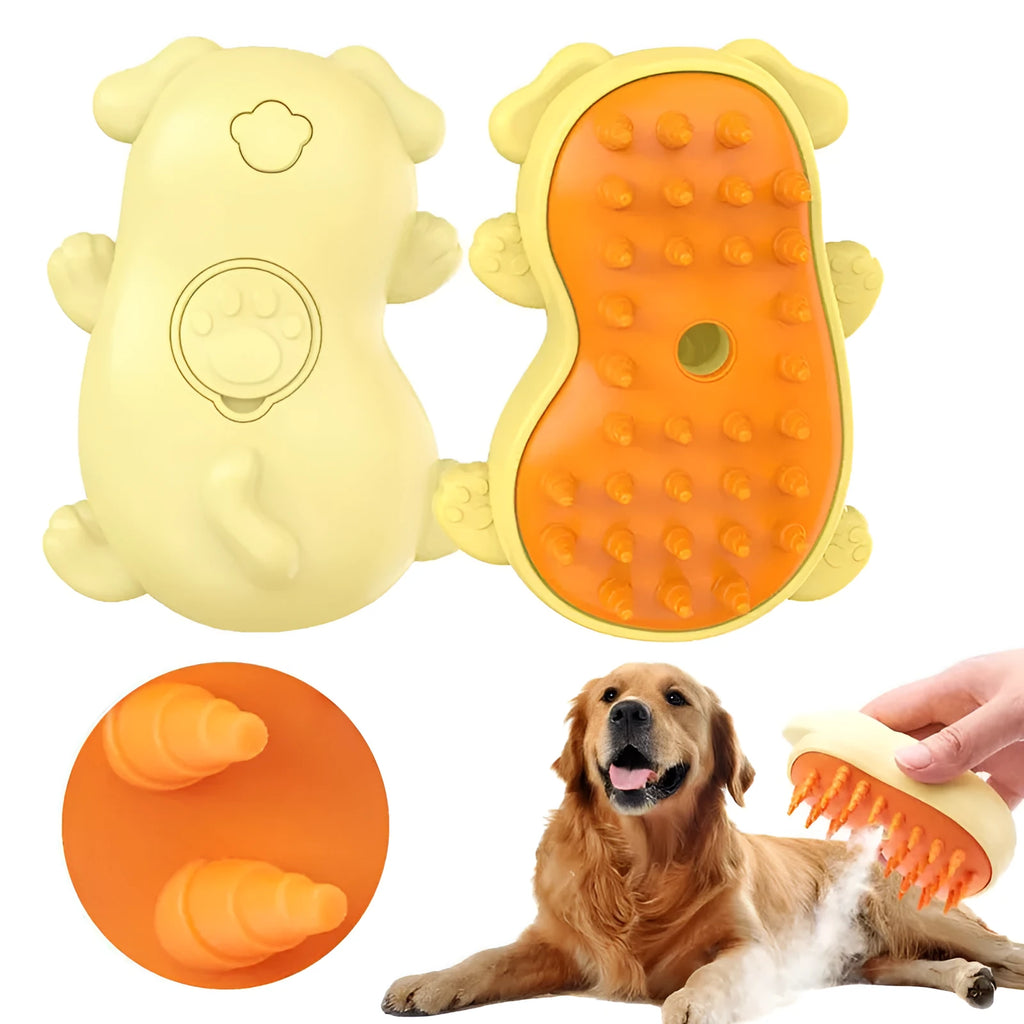 Compact white 3-in-1 steam grooming brush for removing tangled hair from cats and dogs on a table.