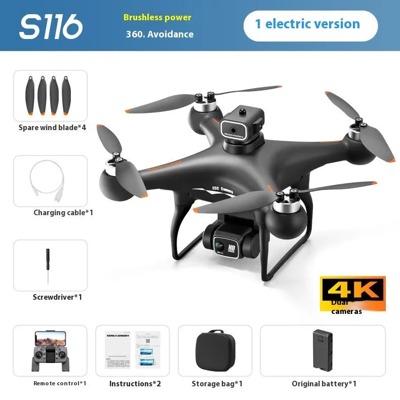 Black or white plastic brushless UAV drone with four-side obstacle avoidance and a camera, under 30cm in size.