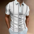 Men's striped short-sleeved polo shirt with slim lapel and zipper details, in multiple colours including white and army green