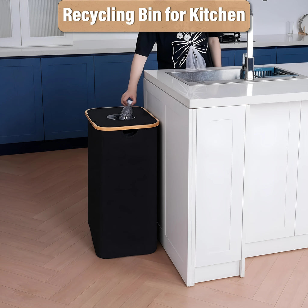 Black bamboo-framed storage basket with a removable lid and two inner fabric pockets.