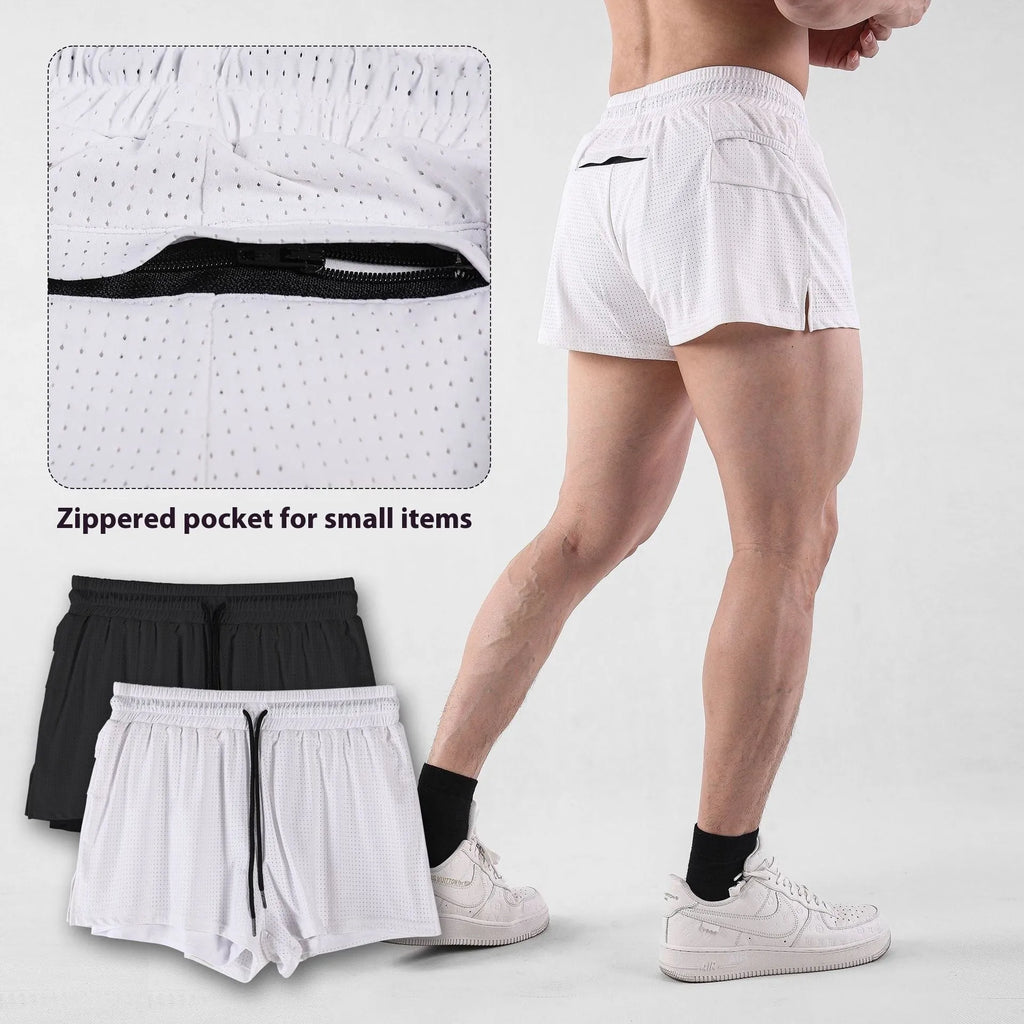 Man wearing black quick-dry nylon summer shorts on a light background