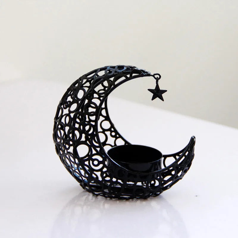 Metal crescent moon candle holder hollow star design black finish 10.5cm set of two